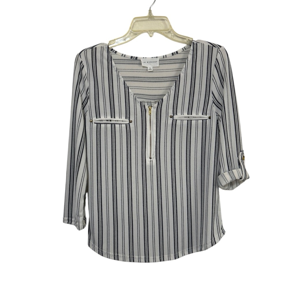 The Workshop White and Black Striped Zip-Front Roll-Tab Sleeve Blouse